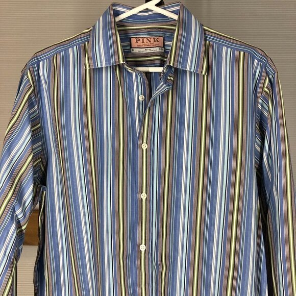 Pink THOMAS PINK Striped Button Down Shirt Blue Yellow White Green Sz 16 / 34.5 - Picture 5 of 10